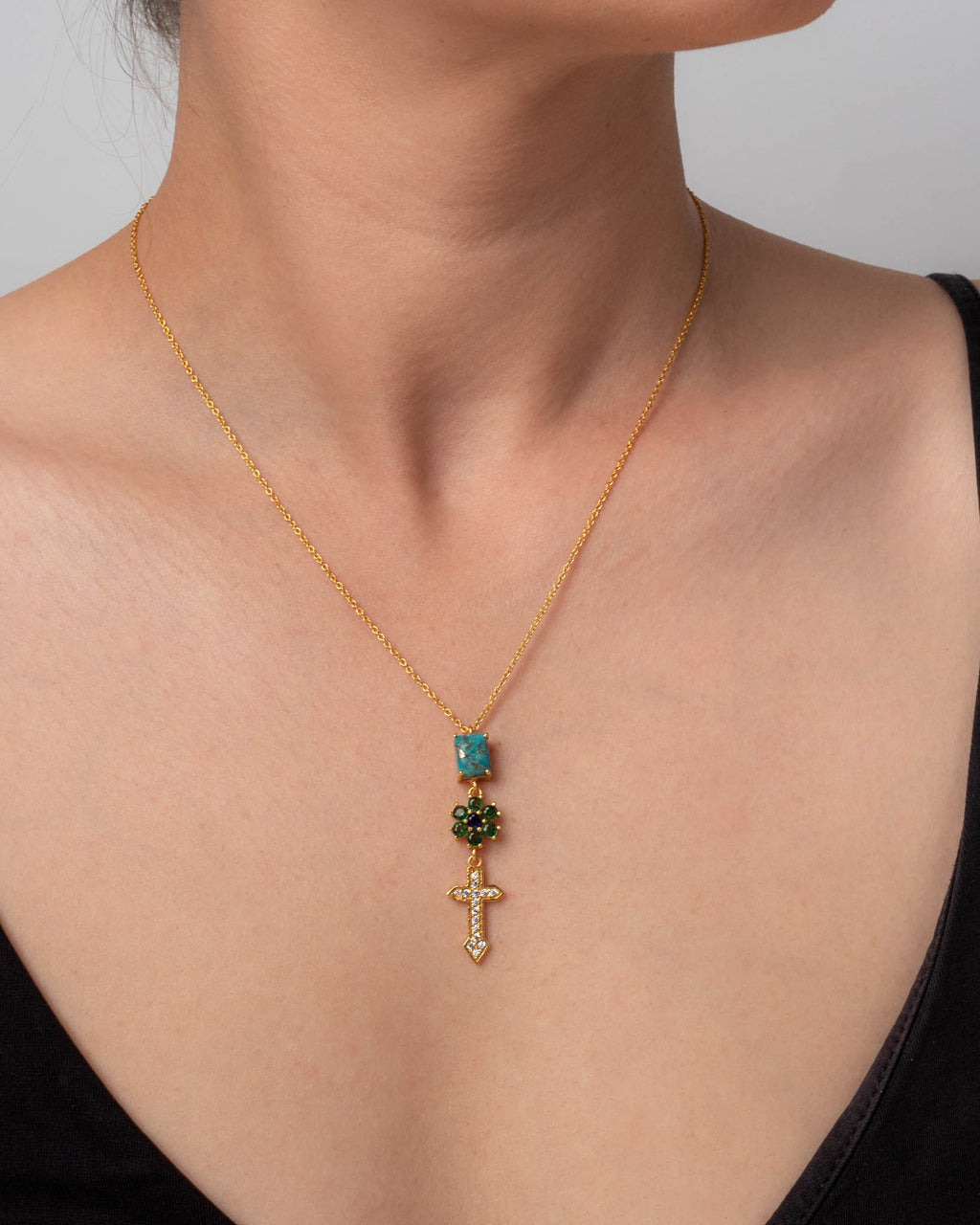 Kris Kross Kette – the forest aus vergoldetem Sterling Silber mit weißem Topas, Copper Türkis, Iolith und grünem Quarz, Ansicht 2