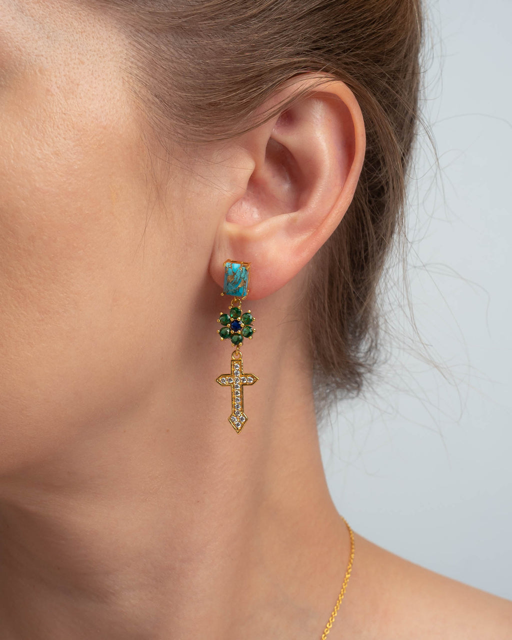 Kris Kross Ohrring – the forest aus vergoldetem Sterling Silber mit weißem Topas, Copper Türkis, Iolith und grünem Quarz, Ansicht 2