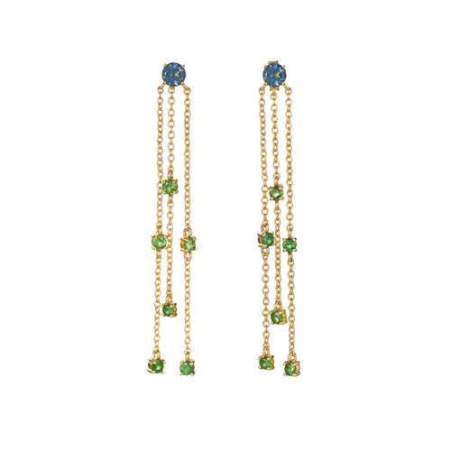 Clapping out Loud Ohrring – flying peacock aus vergoldetem Sterling Silber mit London Blue Topaz, Tsavorite/grünem Granat