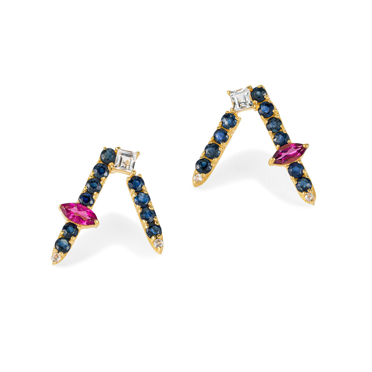 Cosmic Eve Ohrring – ocean wave aus vergoldetem Sterling Silber mit blauem Saphir, weißem Topas, pink Turmalin