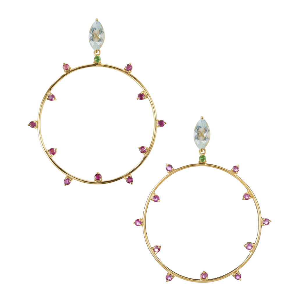 Funfair Parade Ohrring aus vergoldetem Sterling Silber mit blauem Topas, pink Turmalin & Tsavorite/grünem Granat