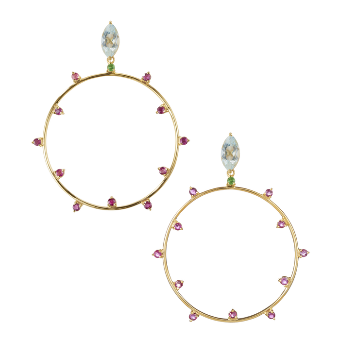 Funfair Parade Ohrring aus vergoldetem Sterling Silber mit blauem Topas, pink Turmalin & Tsavorite/grünem Granat