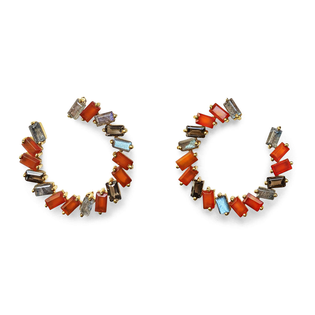 Harvest Moon Ohrring aus vergoldetem Sterling Silber mit Carneol, Rauchquarz und Labradorite
