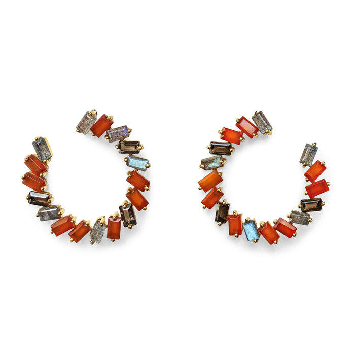 Harvest Moon Ohrring aus vergoldetem Sterling Silber mit Carneol, Rauchquarz und Labradorite