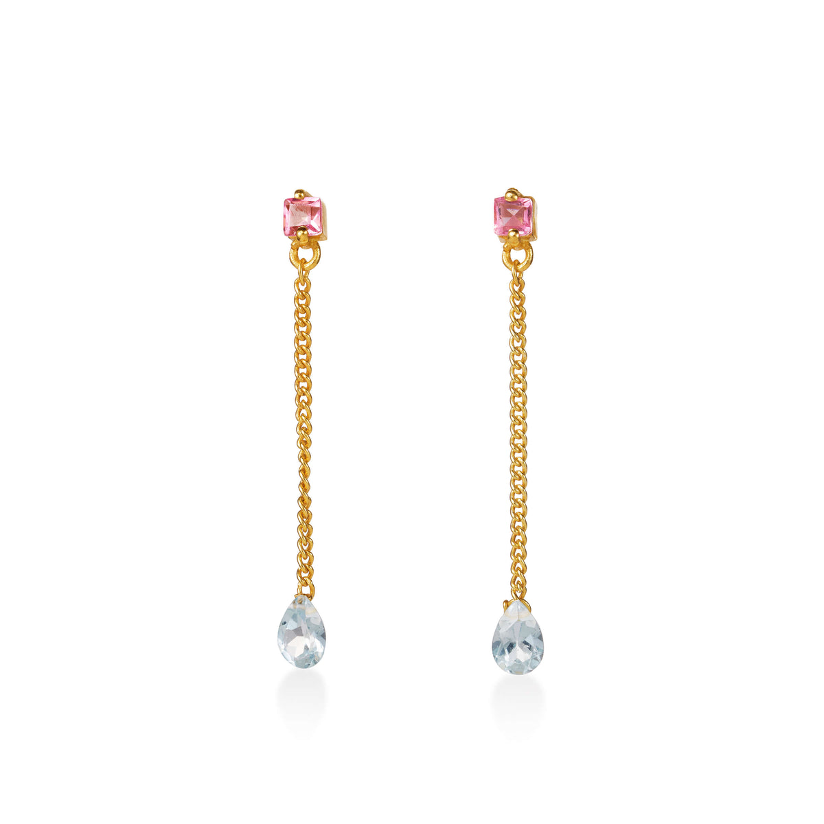 Falling Water Ohrring aus vergoldetem Sterling Silber mit pink Turmalin, hellblauem Topas