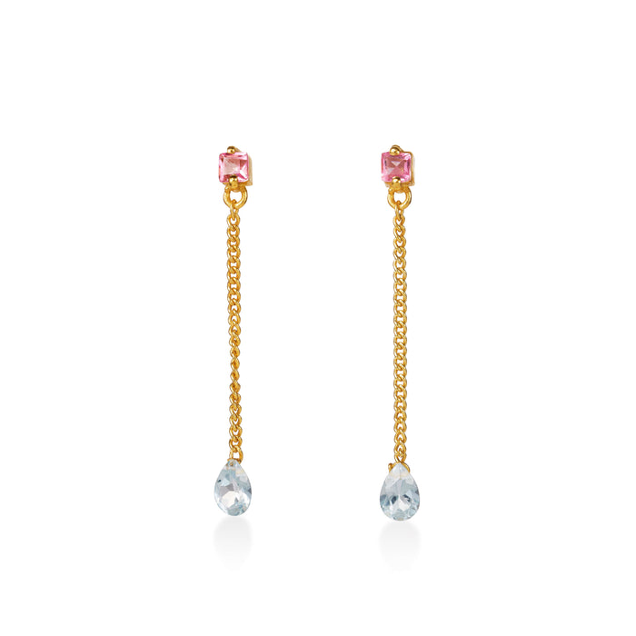 Falling Water Ohrring aus vergoldetem Sterling Silber mit pink Turmalin, hellblauem Topas