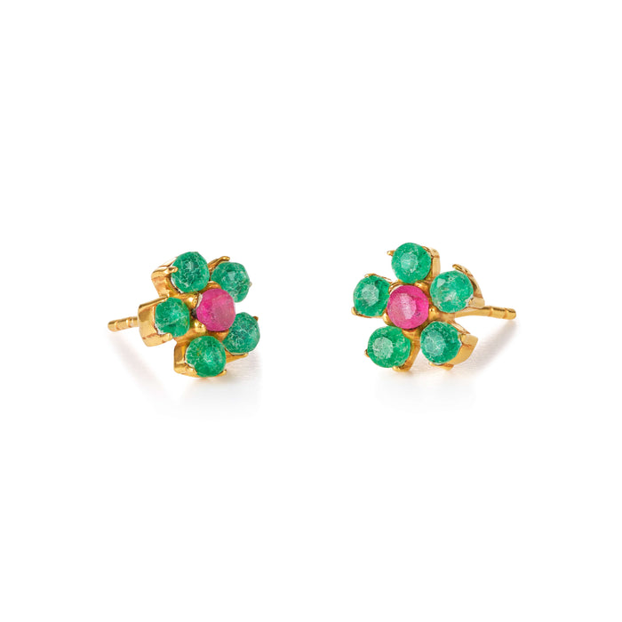 The Flower Ohrring – mint leaves aus vergoldetem Sterling Silber mit grüner und pinkem Quarz