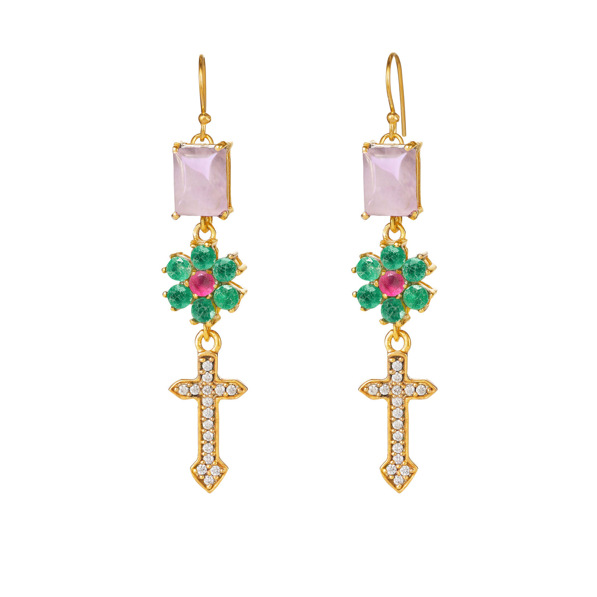 Kris Kross Ohrring – mint leaves aus vergoldetem Sterling Silber mit weißem Topas, Rosenquarz, pinker und grünem Turmalin