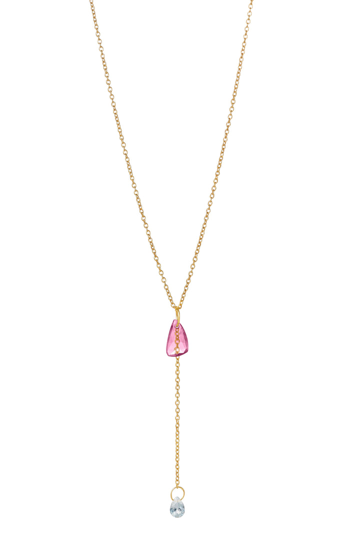 Falling Water Kette – spring break aus vergoldetem Sterling Silber mit Pink Turmalin & hellblauem Topas