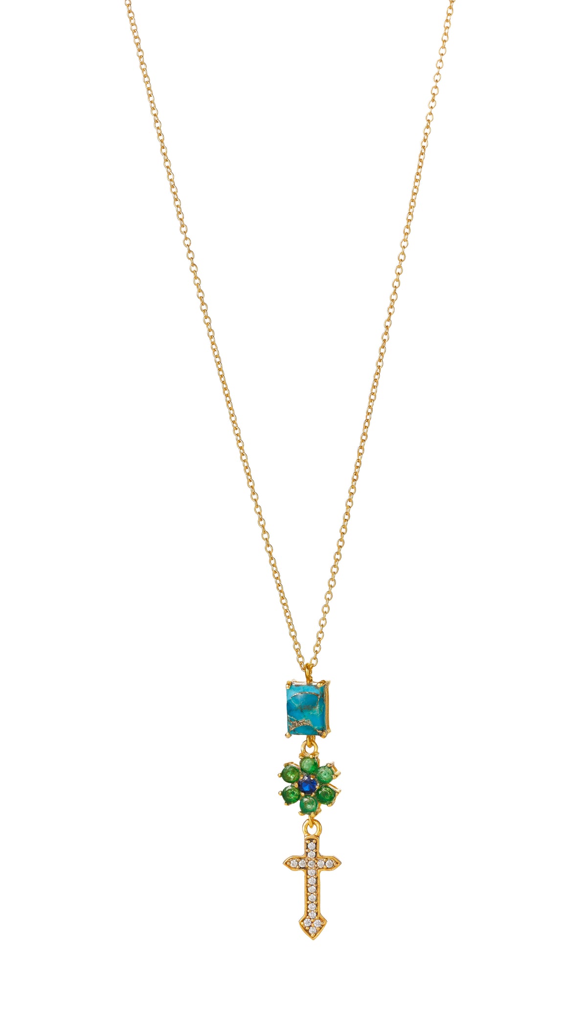 Kris Kross Kette – the forest aus vergoldetem Sterling Silber mit weißem Topas, Copper Türkis, Iolith und grünem Quarz