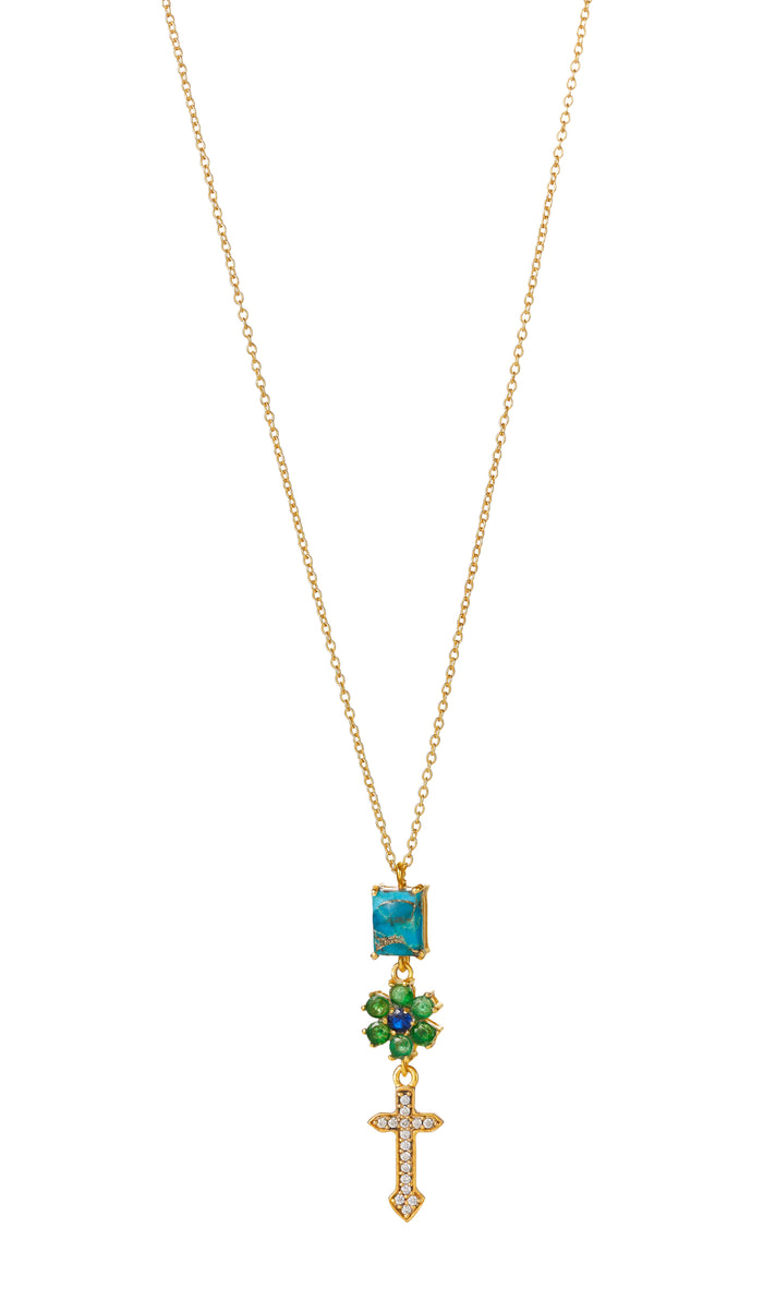 Kris Kross Kette – the forest aus vergoldetem Sterling Silber mit weißem Topas, Copper Türkis, Iolith und grünem Quarz