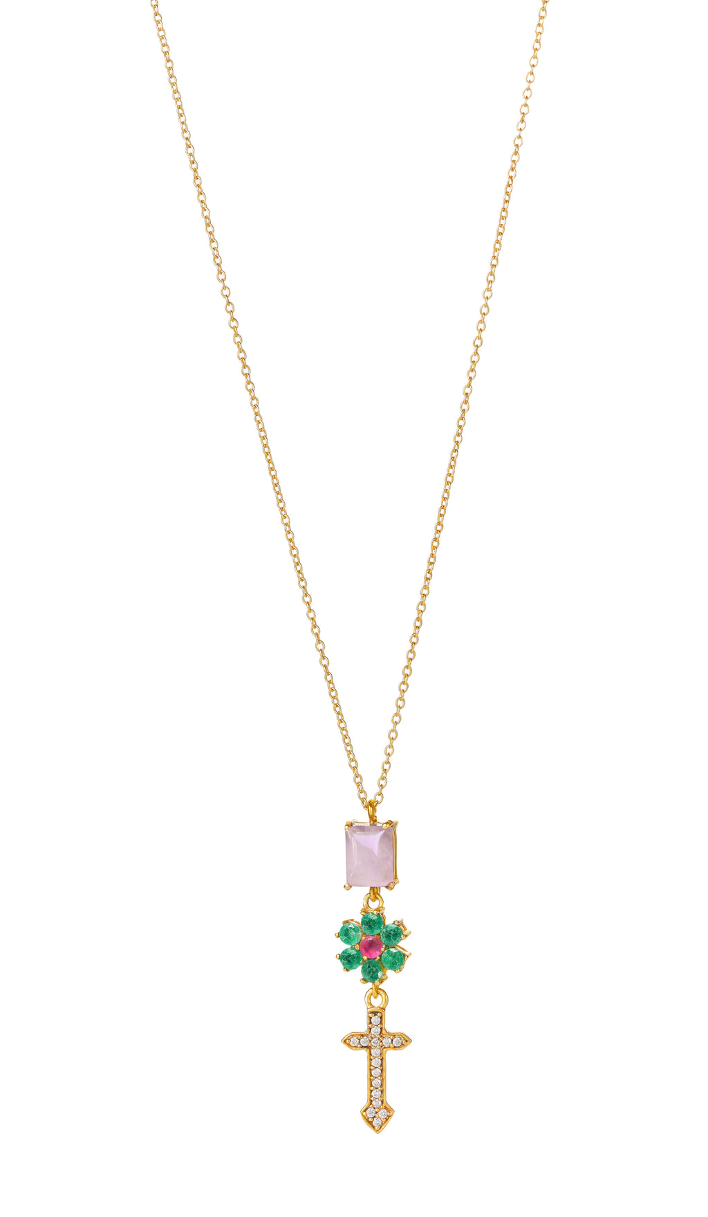Kris Kross Kette – mint leaves aus vergoldetem Sterling Silber mit weißem Topas, Rosenquarz, pinker und grünem Turmalin
