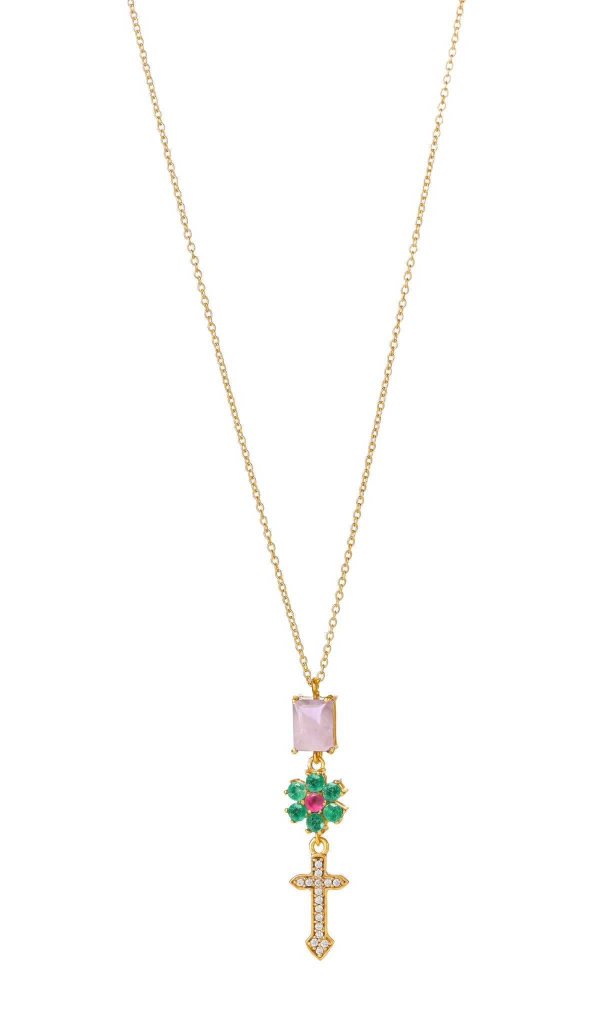 Kris Kross Kette – mint leaves aus vergoldetem Sterling Silber mit weißem Topas, Rosenquarz, pinker und grünem Turmalin