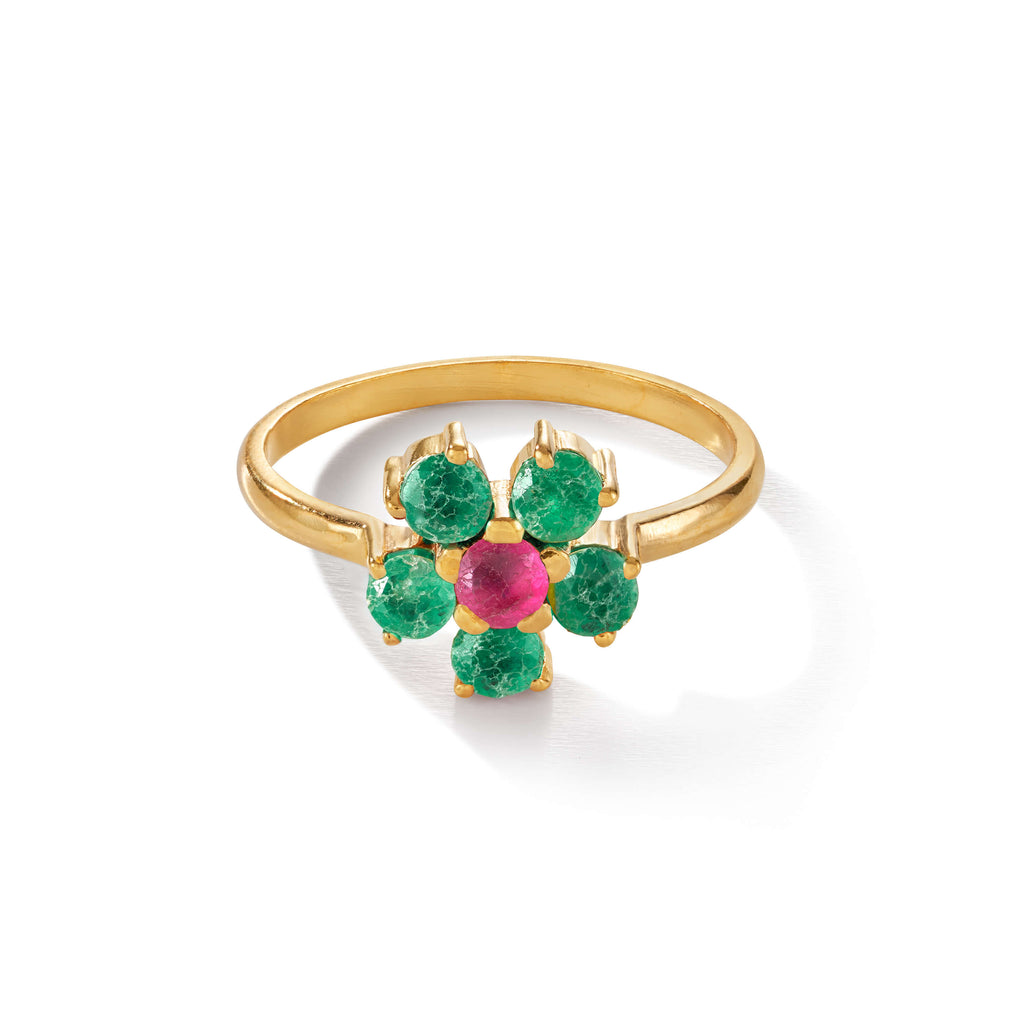 The Flower Ring – mint leaves aus vergoldetem Sterling Silber mit grüner und pinkem Quarz